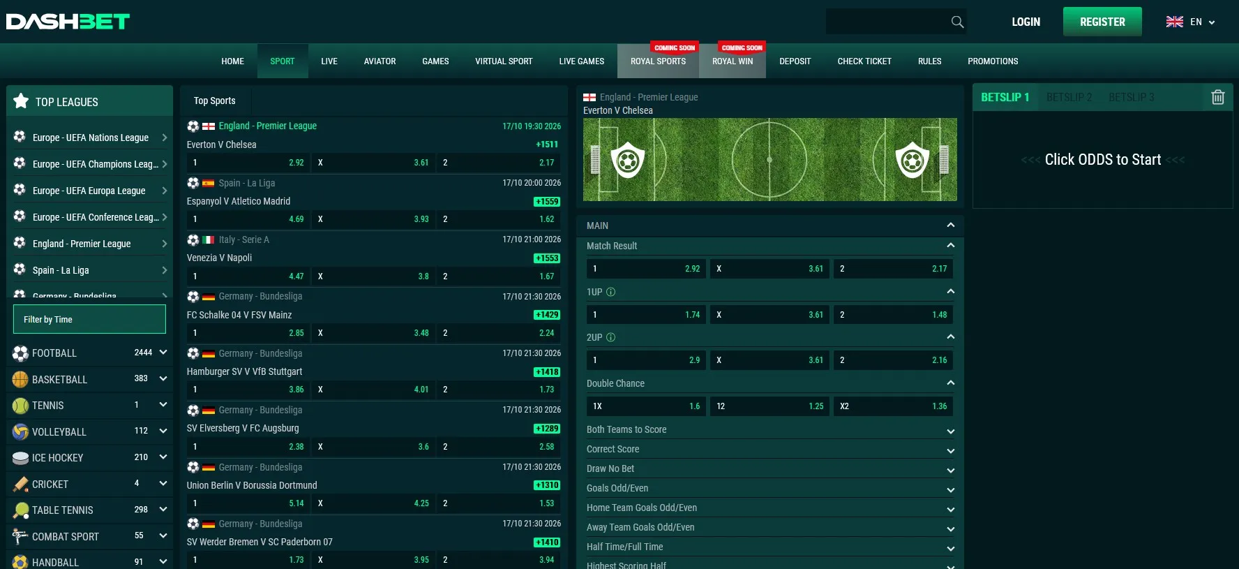Sports betting screen with football markets, odds, and an open bet slip
