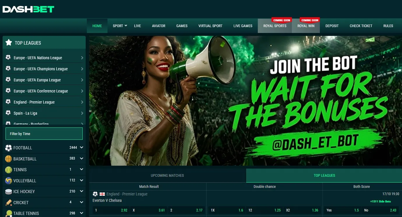 Dash Bet mobile lobby with a sports list and account controls