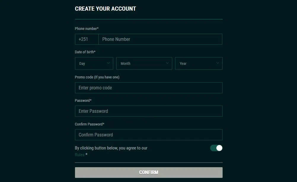 Dash Bet registration form with phone, email, and password fields